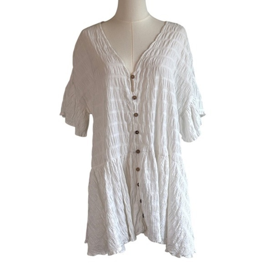 Free People Mini Dress White XS S Babydoll Textured Button Front Consign
